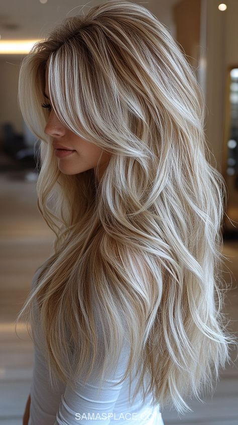 Long Blonde Hair With Long Bangs, Cute Hair Colors For Blondes, Daenerys Targaryen Hairstyle, Big Volume Curls Long Hair, Long Natural Blonde Hair, Wedding Hair For Long Hair, Elegant Hairstyles For Long Hair, Spring Hair Ideas, Curly Silver Hair