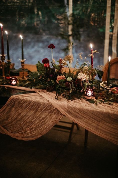 Candle Wedding Tablescape, Ethereal Woodland Wedding, Moody Fall Wedding Table Settings, Late Fall Wedding Colors, Dark Celestial Wedding, Dark Romantic Wedding Color Schemes, Vintage Wedding Vibes, Greenhouse Reception, Moody Forest Wedding