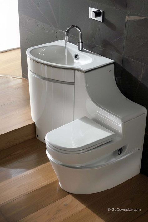 Here is another 2-in-1 toilet bowl with sink, this time situated in a bathroom that maximizes functionality in a compact space. Backyard Toilet Bathroom, Tiny House Toilet, Tiny Toilet, Small Bathroom Floor Plans, Toilet And Sink Unit, Colored Toilets, Camper Bathroom, Small Toilet Room, Small Space Bathroom