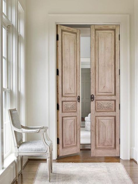 Interior French Doors Bedroom, European Doors Interior, Antique Sliding Doors Interior, Antique Closet Door, Antique Wood Doors, Antique Double Doors Interior, French Door Bathroom Entrance, Rounded Doors Interior, French Country Doors Interior