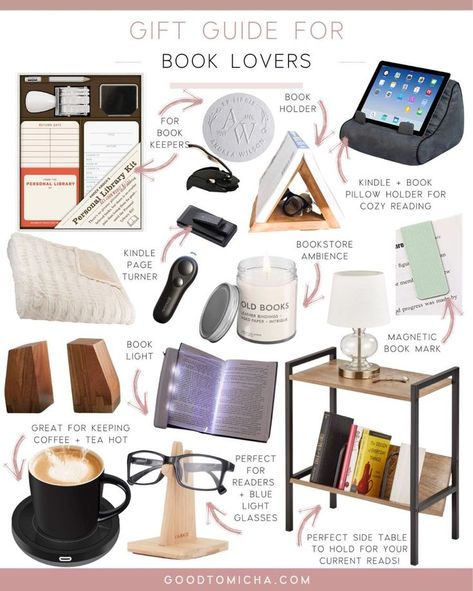 gift guide for book lovers - reading accessories - kindle holder - bookshelf - custom book gifts - book light - emboss tool - glasses holder - book marks #LTKGiftGuide #LTKSeasonal #LTKHoliday Book Lover Gift Ideas, Kindle Holder, Literature Gifts, Lover Gift Ideas, Reading Accessories, Book Light, Glasses Holder, Book Marks, Christmas Feeling