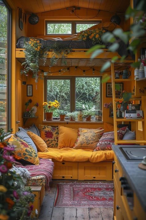 Funky Tiny House, Cottage Core Tiny House Interior, Maximalist Tiny House, Boho Tiny Home, Colorful Tiny House, Boho Tiny House, Bohemian House, Modern Tiny House, Tiny House Decor