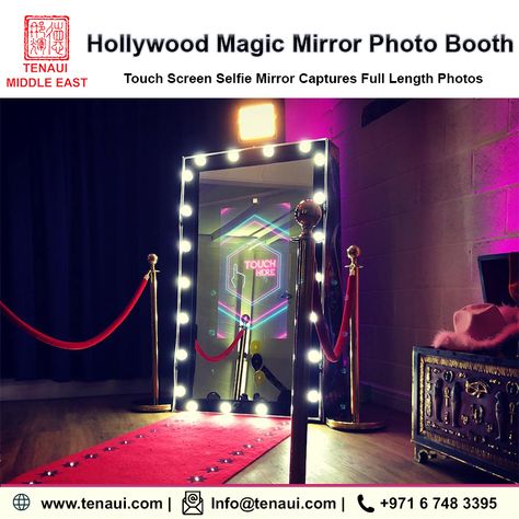 Buy the latest Hollywood Magic Mirror Selfie Photobooth now! It's great for any event, the perfect match for any party or celebration, Corporate Events, Trade Shows, Proms, Weddings, Birthday Parties, or any special occasion. Hollywood Theme Decor, Mirror Photobooth, Magic Mirror Photo Booth, Mirror Booth, Gif Photo Booth, Photo Booth Design, Branded Mirrors, Photo Booth Company, Mirror Photo Booth