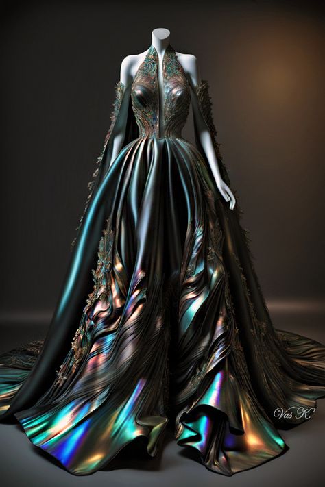 Iridescent by Vas K. Dragon Dress Fantasy Gowns, Iridescent Wedding Dress, Ren Faire Wedding, Iridescent Gown, Faybelle Thorn, Dresses Fantasy Gowns, Dream Building, Iridescent Dress, Black Ball Gown