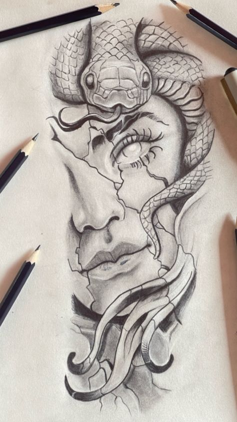 Sketch Of Medusa, Medusa Tattoo Holding Head, Female Faces Tattoo, Madussa Tattoo Design Leg, Pretty Neck Tattoos Women Side, Biblical Arm Sleeve Tattoo Women, Medusa And Aphrodite Tattoo, Protector Tattoo Women, Medusa Tattoo Arm Sleeve