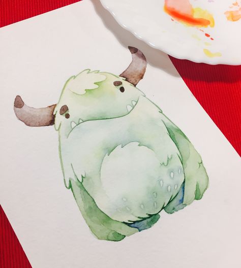 Watercolor cute monster Kawaii Monster Drawing, Friendly Monster Drawing, Cute Monster Sketch, Monster Cute Drawing, Cute Creatures Drawing Monsters, Monster Art Cute, Cute Monster Doodles, Cute Monster Drawing, Watercolor Creatures