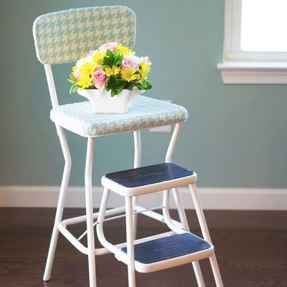 vintage 60 s step stool gets a makeover, painted furniture, reupholster Metal Step Stool, Bar Stool Makeover, Vintage High Chairs, Upcycle Chair, Stool Makeover, Kitchen Step Stool, Kitchen Stool, Picnic Baskets, Storage Trunks