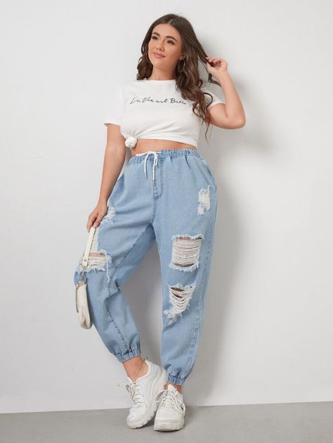 Denim Joggers Outfit, Elastic Waistband Jeans, Plus Size Ripped Jeans, High Waisted Jeans Outfit, Bridal Lehenga Red, Denim Joggers, Plus Size Jeans, Light Wash Denim, Trendy Fashion Women