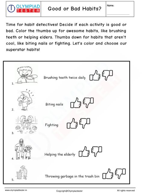 Good Habits Worksheets For Kids, Good And Bad Habits Worksheet For Kids, Kindergarten Science Worksheets, Habits Worksheet, Healthy Habits For Kids, Thumbs Down, Kindergarten Science, Science Worksheets, Positive And Negative