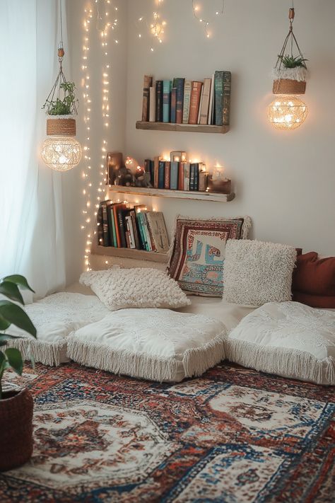 Floor Cushions Reading Nook, Cozy Book Nook Ideas, Small Office Reading Corner, Reading Chair Ideas, Renter Friendly Reading Nook, Cozy Room Corner Ideas, Reading Den Ideas, Journaling Nook, Floor Reading Nook