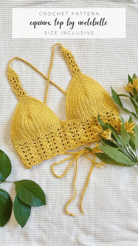 A yellow crochet crop top sitting on a white blanket amongst yellow flowers and green leaves. Text reads: crochet pattern, equinox top by noelebelle, size inclusive Crochet Cotton Top Free Patterns, Crochet Top Straps, Crochet Straps For Tops, Crochet Bralette Pattern Free, Cool Things To Crochet, Crochet Bra Top, Amigurumi Inspiration, Large Crochet Hooks, Hook Crochet