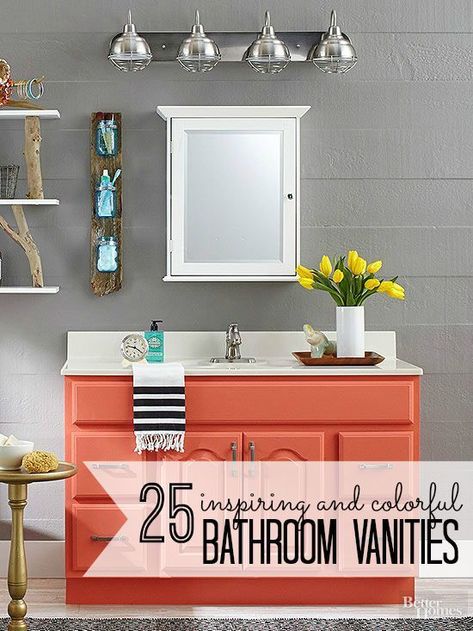 25 Inspiring and Colorful Bathroom Vanities via @remodelaholic #bathroom #vanity #colorful #colors #homedecor Colorful Bathroom Vanity, Bathroom Cabinets Diy, Colorful Bathroom, Unique Bathroom Vanity, Casa Cook, Vanity Makeover, Bathroom Vanity Makeover, Diy Bathroom Vanity, Orange Bathrooms