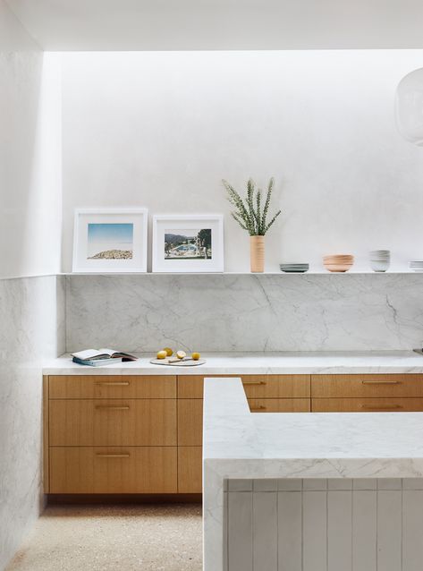 Plaster Kitchen Backsplash, Venetian Plaster Kitchen, Plaster Backsplash, White Venetian Plaster, Plaster Kitchen, Bright And Airy Home, Floating Shelf Kitchen, Bent Plywood Chair, Wire Dining Chairs