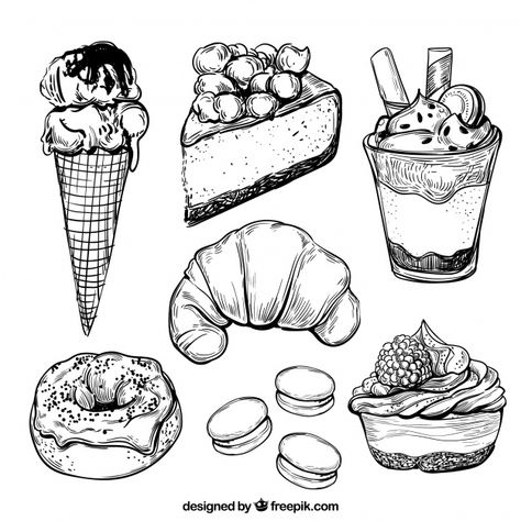 Sweets desserts collection in hand drawn... | Premium Vector #Freepik #vector #food #hand #cake #bakery 심플한 그림, Food Sketch, Food Illustration Art, Object Drawing, Food Drawing, Ink Illustrations, Pen Art, Sweets Desserts, Food Illustrations