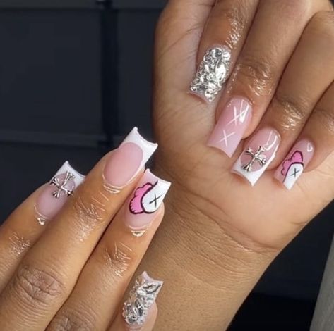 Kaws Nails Design Short Pink, Baddie Nail Art Short, Kaws Nails Short, Kaws Nails Art, Pink Kaws Nails, Nails Kaws, Kaws Nails, Birthday Baddie, Pink Kaws