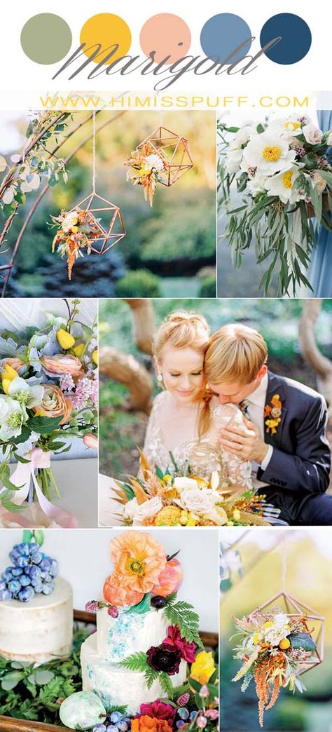 Marigold wedding ideas mix and match dusty blue bridesmaid dress greenery wedding decors for spring summer wedding Wedding Marigold, Marigold Wedding Decoration, Wedding Pallets, Bridesmaid Theme, Marigold Wedding, Dusty Blue Bridesmaid Dress, Wedding Color Schemes Summer, Yellow Wedding Colors, Flat Inspiration