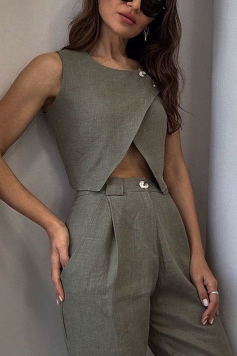 Balvin Linen Blend Cross Button Neck Crop Vest and High Rise Pocketed Sunglasses Aesthetic Outfit, Grey Shirt Outfit, Black Sunglasses Aesthetic, All Grey Outfit, Grey Trousers Outfit, Cropped Shirt Outfit, Grey Top Outfit, Buisness Outfits, Grey Pants Outfit