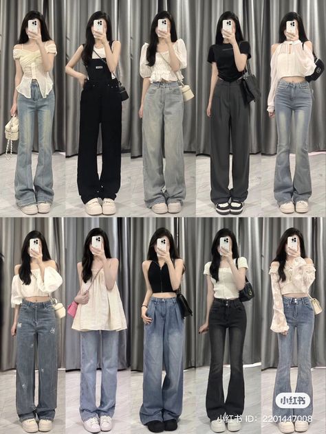 Easy Kpop Outfits To Recreate, Casual Chinese Outfits, Causual Outfits Korean, Chinese Casual Outfits, Korean Outfit Summer, Denim Outfit Korean, Dress Over Jeans Outfit Korean, Dress Over Jeans Korean Style, Long Torso Outfits