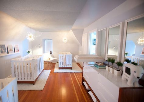 belle maison: Before & After: Nursery for Triplets Triplets Nursery, Nursery Mirror, Newborn Room, Tranquil Bedroom, Adorable Nursery, Nursery Room Design, Cool Baby, Beautiful Nursery, Baby Room Design