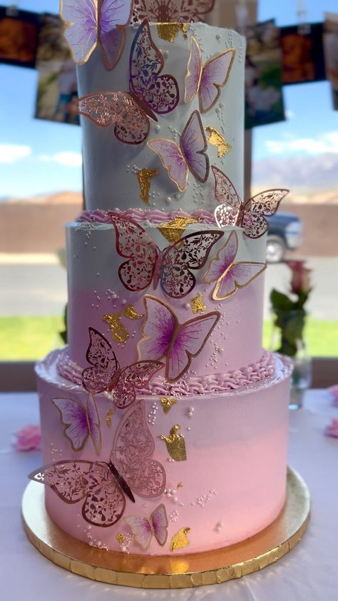 15 Birthday Cake Butterfly, Sweet 16 Birthday Cakes Butterfly, Butterfly Theme Cake 2 Tier, Butterfly Bday Cake, Butterfly Cakes For Girls Birthday, Tiered Butterfly Cake, 3 Tier Butterfly Cake, Cake Designs Butterfly, 2 Teir Birthday Cake