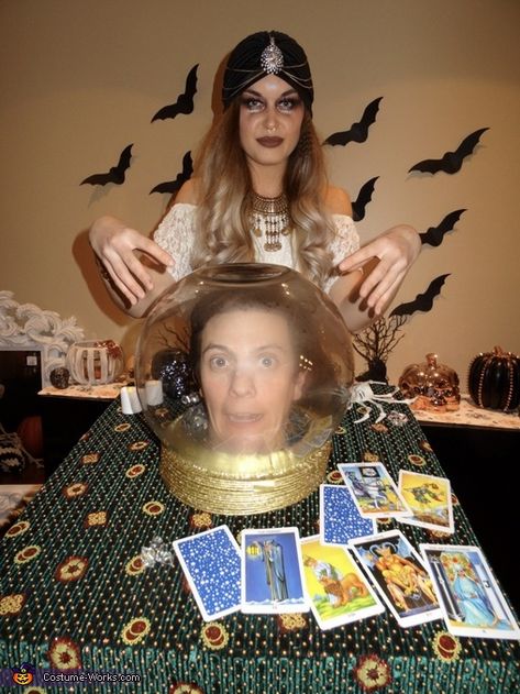 Alyssa: For Halloween I dressed up as a fortune teller and my boyfriend is a crystal ball. I came up with the idea of being a fortune teller thanks to many... Crystal Ball Costume, Fortune Teller Costume Diy, Halloween Fortune Teller Costume, Diy Crystal Ball, Fortune Teller Costume, 2017 Halloween Costumes, Ball Costume, Unique Couple Halloween Costumes, Halloween Circus