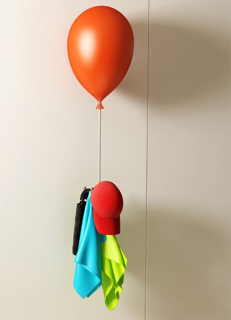 HOOK THAT LOOKS LIKE ITS HANGING FROM A BALLOON-TOO CUTE! Modern Wall Hooks, Origami Fish, Creative Clothes, Hanger Design, Clothes Hooks, Kids Corner, Yanko Design, Hiroshima, Coat Hanger