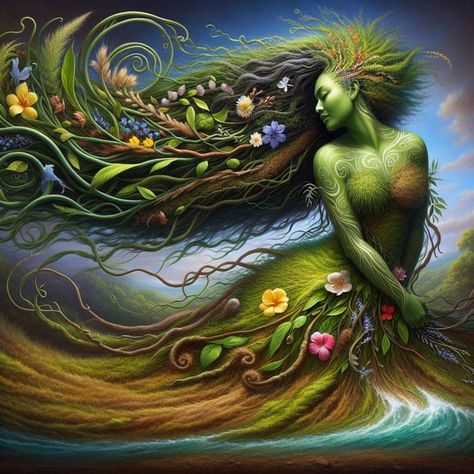 Papatuanuku - Earth Mother with River Hair and Native Flora Dress | AI Art Generator | Easy-Peasy.AI Mother Earth Cosplay, Maori Goddess, Mother Earth Artwork, Goddess Taurus, Maori Mythology, Plaster Ideas, Mother Nature Goddess, Mother Earth Art, Mother Gaia