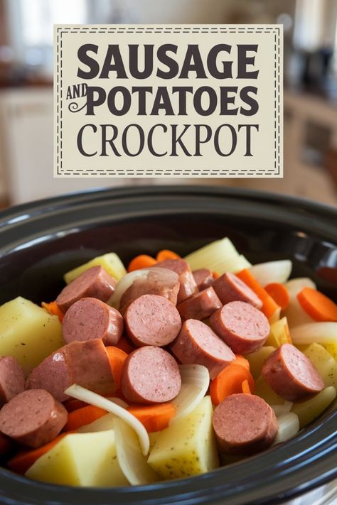 Sliced sausage, potatoes, carrots, and onions in a crockpot, with text saying "Sausage and Potatoes Crockpot". Slow Cooker Polish Sausage And Potatoes, Slow Cooker Potatoes And Sausage, Sausage Potatoes And Peppers Crockpot, Sausage Potato Crockpot Recipes, Crock Pot Smoked Sausage And Potatoes, Vienna Sausage Crockpot, Crockpot Recipes With Ground Sausage, Cabbage Sausage Potatoes Crockpot, Crock Pot Polish Sausage Recipes