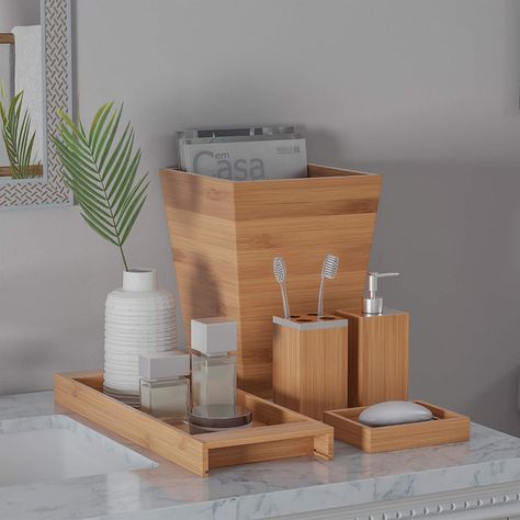 AmazonSmile: 5-Piece Bathroom Decor Set - Bamboo Bathroom Accessories Set with Trash Can, Soap Dish, Soap Dispenser, Toothbrush Holder, and Tray by Lavish Home : Home & Kitchen Bamboo Bathroom Decor, Bamboo Bathroom Accessories, Wood Bath, Bathroom Accessories Set, Bamboo Bathroom, Vanity Accessories, Bathroom Decor Sets, Bathroom Counter, Bathroom Accessories Sets