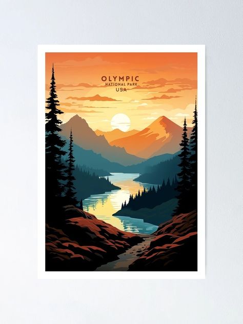 "Olympic National Park Enchanted Wilderness Travel Illustration" Poster for Sale by NeuralVibe | Redbubble Olympic National Park Tattoo, Tree Line Tattoo, Blue Reception, Temperate Rainforest, Poster Illustration, St Helens, National Park Posters, Park Art, Olympic National Park