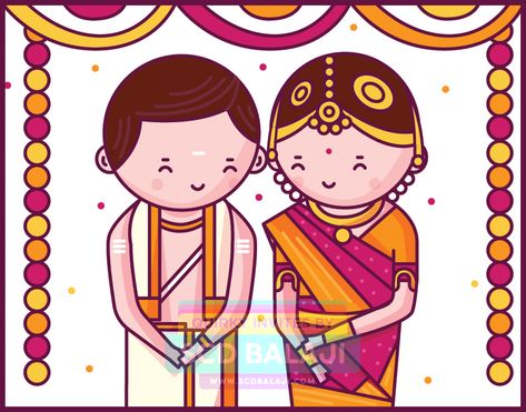 Tamil Brahmin Iyer Wedding Invitation Illustration by SCD Balaji, Indian Illustrator. Explore more Tamil Brahmin Wedding Invitations at www.scdbalaji.com India Illustrated, Iyengar Wedding, Iyer Wedding, Tamil Wedding Invitation, Invite Illustration, Quirky Invitations, Invitation Illustration, Caricature Wedding, Indian Wedding Invitation Cards