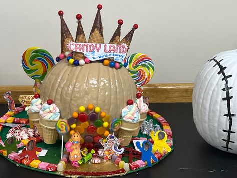 Made with REAL CANDY! Candy Themed Pumpkin Decorating, Candy Land Pumpkin Decorating, Candyland Pumpkin Decorating, Candy Pumpkin Ideas, Pumpkin Competition Ideas, Pumpkin Competition, Decorated Pumpkin, Candy Pumpkin, Pumpkin Decorating Diy