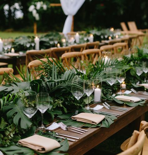 Maui Wedding Planner’s Instagram profile post: “lush, green, and gorgeous! .​​​​​​​​ .​​​​​​​​ .​​​​​​​​ planning @mauiloveweddings​​​​​​​​ venue @hanamauiresort​​​​​​​​ photography…” Green Plants Table Setting, Green Plant Wedding Theme, Tropical Forest Wedding Theme, Tropical Aesthetic Wedding, Lush Green Wedding Decor, Tropical Wedding Theme Table Decor, Rainforest Theme Wedding, Jungle Glam Wedding, Green Plant Centerpieces