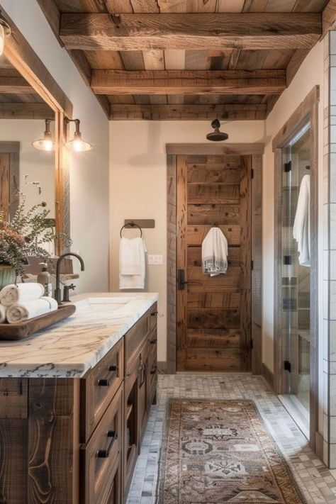 Cabin Bathroom Makeover, Cozy Rustic Bathroom Ideas, Rustic Shower Door Ideas, Farmhouse Interior Bathroom, Mountain Home Bathroom, Bathroom Vision Board, Cabin Bathroom Ideas Rustic, Rustic Guest Bathroom, Creative Bathrooms