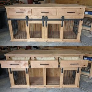 Triple Dog Kennel, Dog Cabinet, Custom Dog Kennel, Barn Door Console, Rustic Farmhouse Furniture, Diy Dog Crate, Dog Kennel Furniture, Diy Dog Kennel, Crate Bed