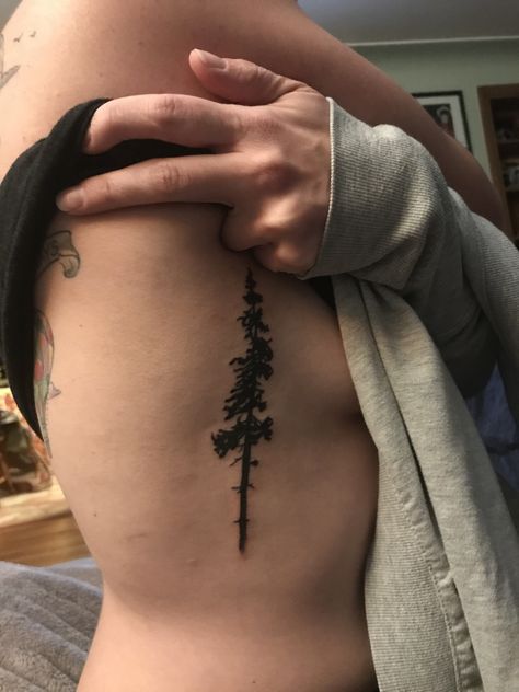 Sequoia tree tattoo on side by ribs. Sequoia Tree Tattoo Simple, Red Wood Tree Tattoo, Tree Tattoo On Ribs, Tree Side Tattoo, Sequoia Tattoo, Tree Tattoo Ribs, Sequoia Tree Tattoo, Tree Tat, Sequoia Tree