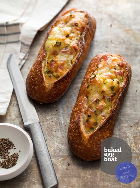 Baked Egg boat... this looks SO fabulous! Egg Boats, Egg Benedict, Spoon Fork Bacon, Baked Egg, Think Food, Spoon Fork, Baked Eggs, Slow Food, Deviled Eggs