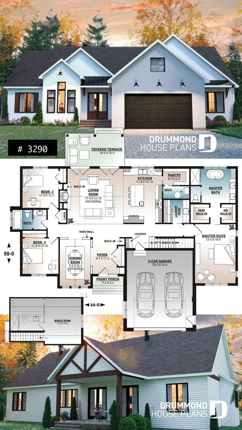 Spacious 3 bedroom Farmhouse style house plan with formal dining, large family room and lots of light. Case Minecraft, Drummond House Plans, Sims House Plans, Farmhouse Style House Plans, House Layout Plans, Sims House Design, Farmhouse House, Family House Plans, Ranch House Plans