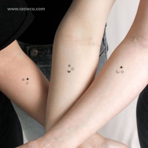 20 Cute Matching Trio Tattoos For Best Friends Matching Trio Tattoos, Trio Tattoos, Matching Trio, Moon Sun Tattoo, Tattoos For Best Friends, Ribbon Tattoos, Best Friend Couples, Sun Tattoos, Celebrity Culture