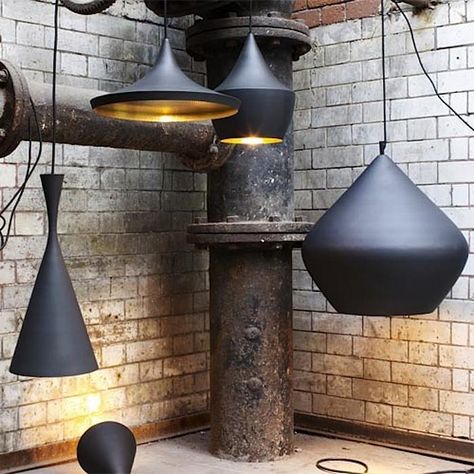 MODERN BRASS PENDANT LIGHTS - Google Search Tom Dixon Pendant, Tom Dixon Beat, Tom Dixon Lighting, Birthday Golf, Frat Coolers, Black Lights, Industrial Light, Warm Interior, Multi Light Pendant