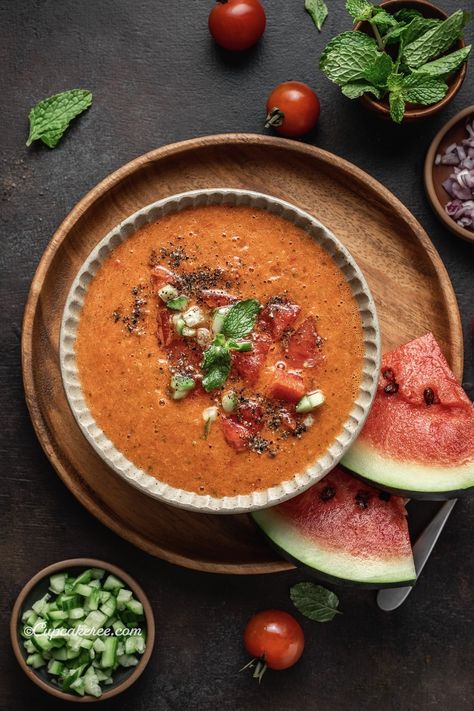 Watermelon Gazpacho (Gluten-free) — Cupcakeree Chilled Soup, Summer Soup, Watermelon Gazpacho, Tomato Cucumber, Cold Soup, Delicious Gluten Free Recipes, Bon Appetite, English Cucumber, Fresh Mint Leaves