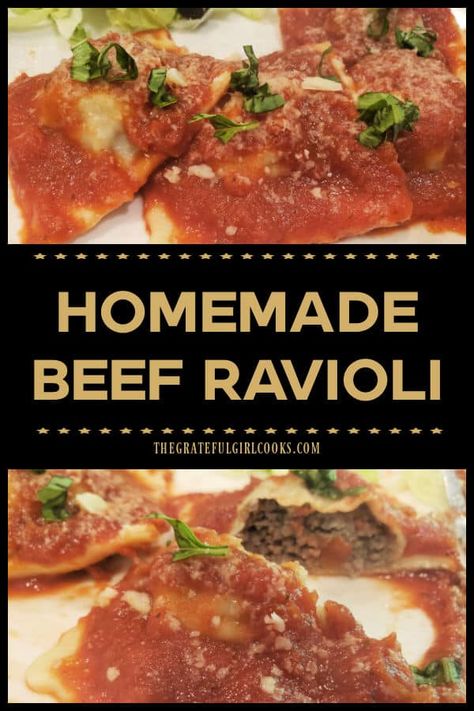 Learn how to make Homemade Beef Ravioli from scratch (pasta & filling). Top with marinara sauce and enjoy this delicious, Italian dish! via @gratefuljb Homemade Sausage Ravioli Recipe, Ground Beef Ravioli Filling, Dairy Free Ravioli Filling, Ravioli Recipe Filling Meat Ground Beef, Beef Ravioli Filling Recipe, Homemade Meat Ravioli, Meat Ravioli Filling, Homemade Beef Ravioli, Homemade Ravioli Recipe Filling