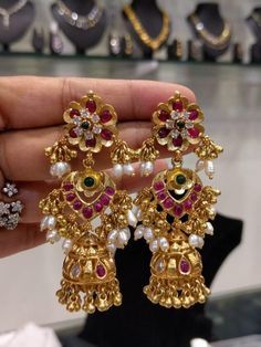 Stunning Gold Plated Silver Jhumkas From Samskruthi Jewellers ~ South India Jewels Jumkas Gold With Grams, Gold Jhumki Indian Jewelry, Polki Jhumkas, Gold Jhumkas, Jhumkas Earrings, Silver Jhumkas, Jhumka Designs, Rice Pearls, Temple Jewelry