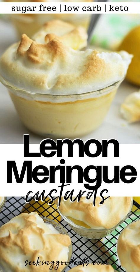 5 reviews · 1.5 hours · Vegetarian Gluten free · Serves 6 · Lemon meringue custard pies are tasty little keto desserts! These sugar-free desserts are cute mini lemon meringue pies that you will love. You can also feel good about eating these tasty little sugar-free desserts. Perfectly proportioned lemon desserts to enjoy! Make the meringue topping or you can simply use whipped cream. Either way – super delicious #keto #lowcarb #sugarfreedesserts Lemon Desserts Keto, Lemon Meringue Pudding, Sugar Free Lemon Pudding Recipes, Keto Lemon Meringue Pie, Keto Lemon Recipes, Low Sugar Lemon Desserts, Sugar Free Lemon Desserts, Gelatin Custard, Sugar Free Lemon Meringue Pie