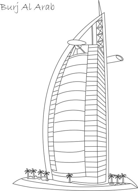 Burj Al Arab Burj Khalifa Drawing, Dubai Landmarks, Colour Template, Building Clipart, Sketch Colour, Tom Wright, Drawing Colouring, برج العرب, Dubai Art