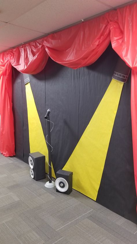 The Voice Party Theme, Movie Vbs Decorations, Movie Theme Vbs Decorations, Rock N Roll School Theme, Shine Vbs 2024 Decorations, Drama Classroom Decor, Vbs Start The Party, Rock Your School Day Ideas, Concert Stage Design Backdrops