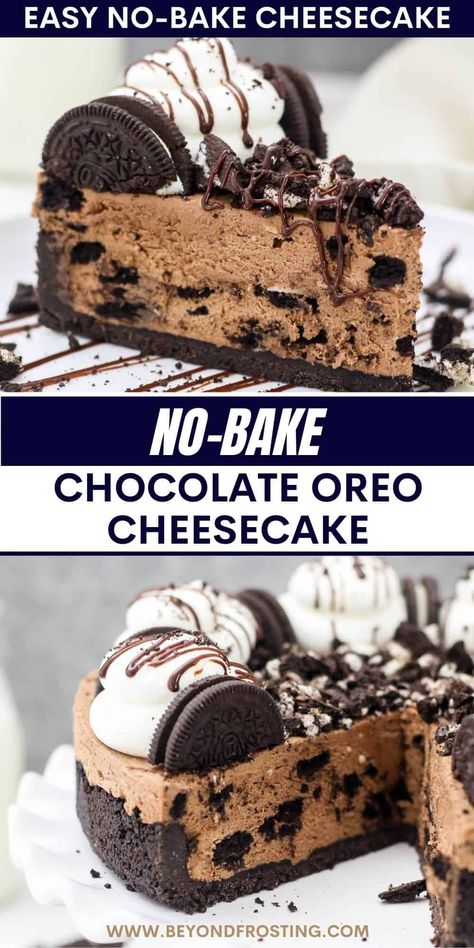 If you love no-bake cheesecakes, you have to try this mouthwatering No-Bake Chocolate Oreo Cheesecake. The Oreo crust is filled with no-bake chocolate cheesecake that’s loaded with Oreo cookies. If you love Oreo cheesecake, try this recipe! No Bake Chocolate Cookie Cheesecake, Good Party Desserts, Keto Oreo Cheesecake, Oreo Fudge Cheesecake, Cheesecake Ideas No Bake, No Bake Chocolate Recipes, No Bake Chocolate Cheesecake Recipes, Oreo No Bake Cheesecake, Chocolate Cheesecake No Bake