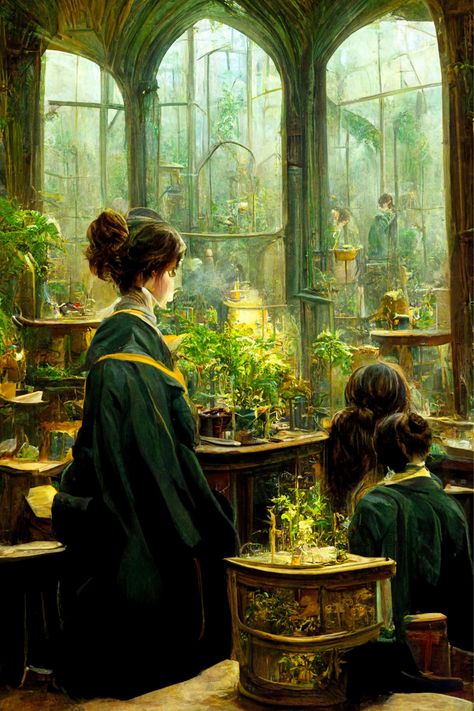 Hogwarts Hufflepuff Common Room, Herbology Illustration, Hugglepuff Aesthetic, Herbology Classroom, Hufflepuff Art, Herbology Aesthetic, Hogwarts Herbology Aesthetic, Harry Potter Aesthetic Wallpaper Laptop Hufflepuff, Hogwarts Student Aesthetic Hufflepuff