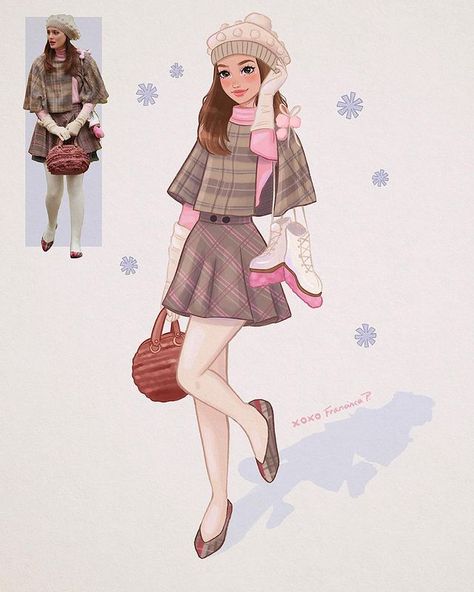 Gossip Girl Art, Silver Skates, Skating Outfit, Vintage Flowers Wallpaper, Digital Portrait Art, Girly Drawings, Pretty Drawings, Skating Outfits, Coloring Book Art