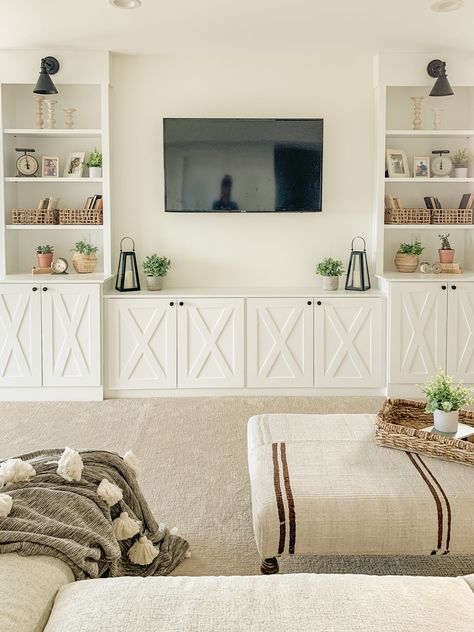 Modern Farmhouse Basement (Furniture is Here!) Sarah Joy, Basement Furniture, Styling Shelves, Living Tv, Fresh Farmhouse, Media Wall, Shelf Styling, A Living Room, Living Room Tv